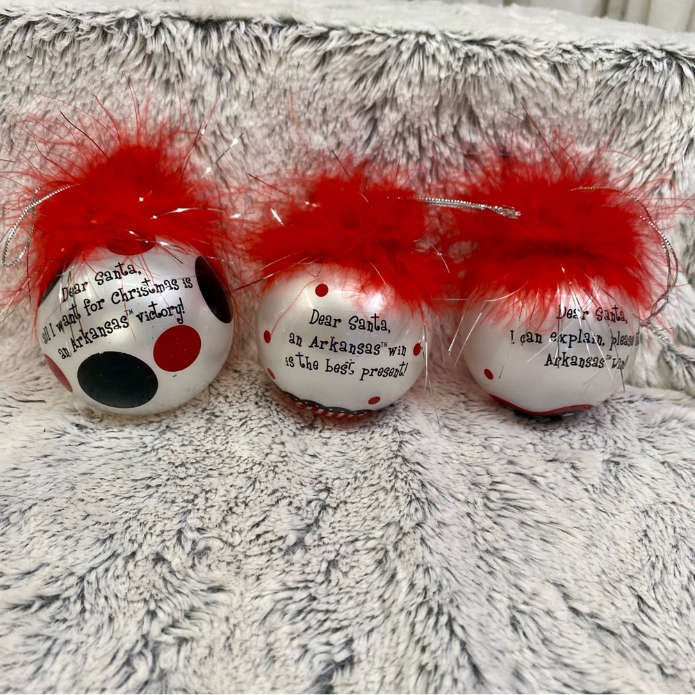 Set of 3 Arkansas Razorback glass ball ornaments in original packaging